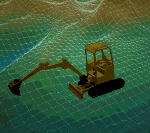 3D digital twin visualization of an excavator on a reconstructed terrain mesh